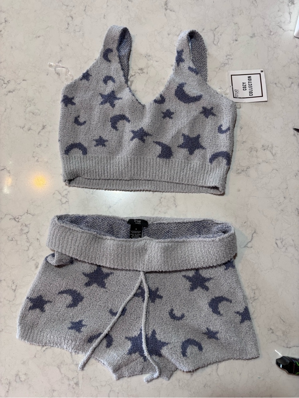True & Co. Grey Star & Moon Knit Bralette and Shorts Set